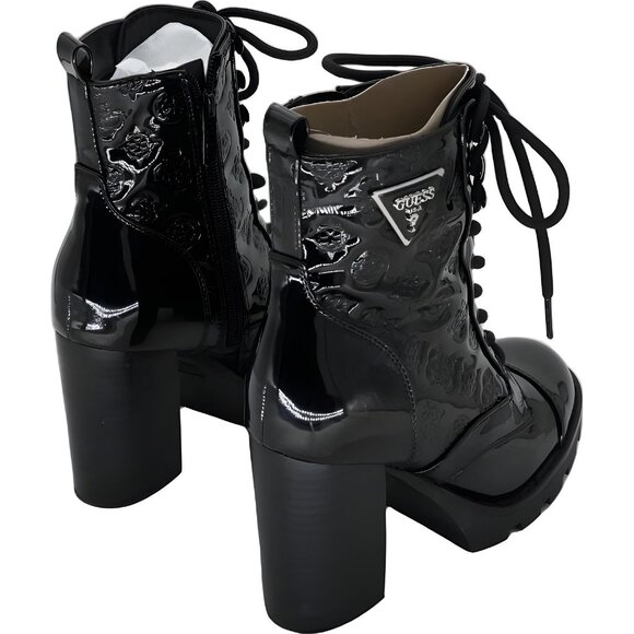 GUESS Neadyn Lace-Up Heeled Bootie Black Patent Logo Women's US 6M - Picture 3 of 6